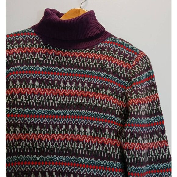 Ll bean womens medium turtleneck sweater cotton cashmere purple fairisle tunic - Picture 3 of 9